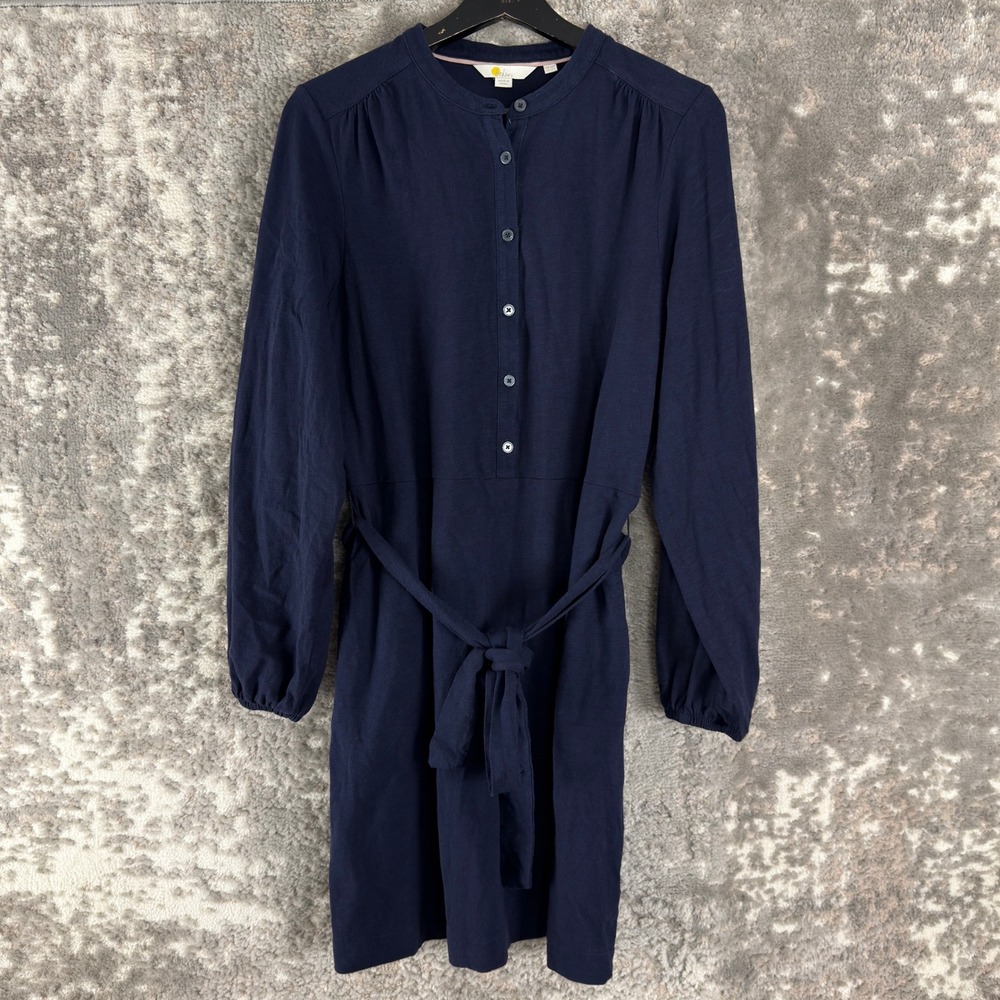 Boden Size 12R Long Sleeve Belted Button Front Jersey Shirt Dress Navy Blue Wmns